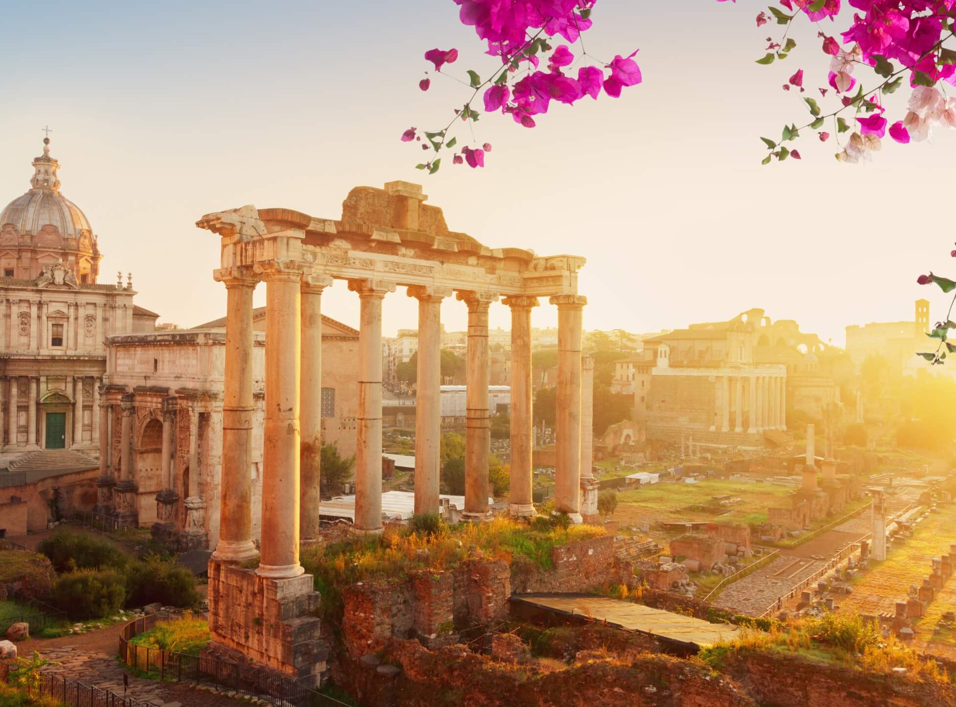 Fori Imperiali Roma con buganvillea e tramonto